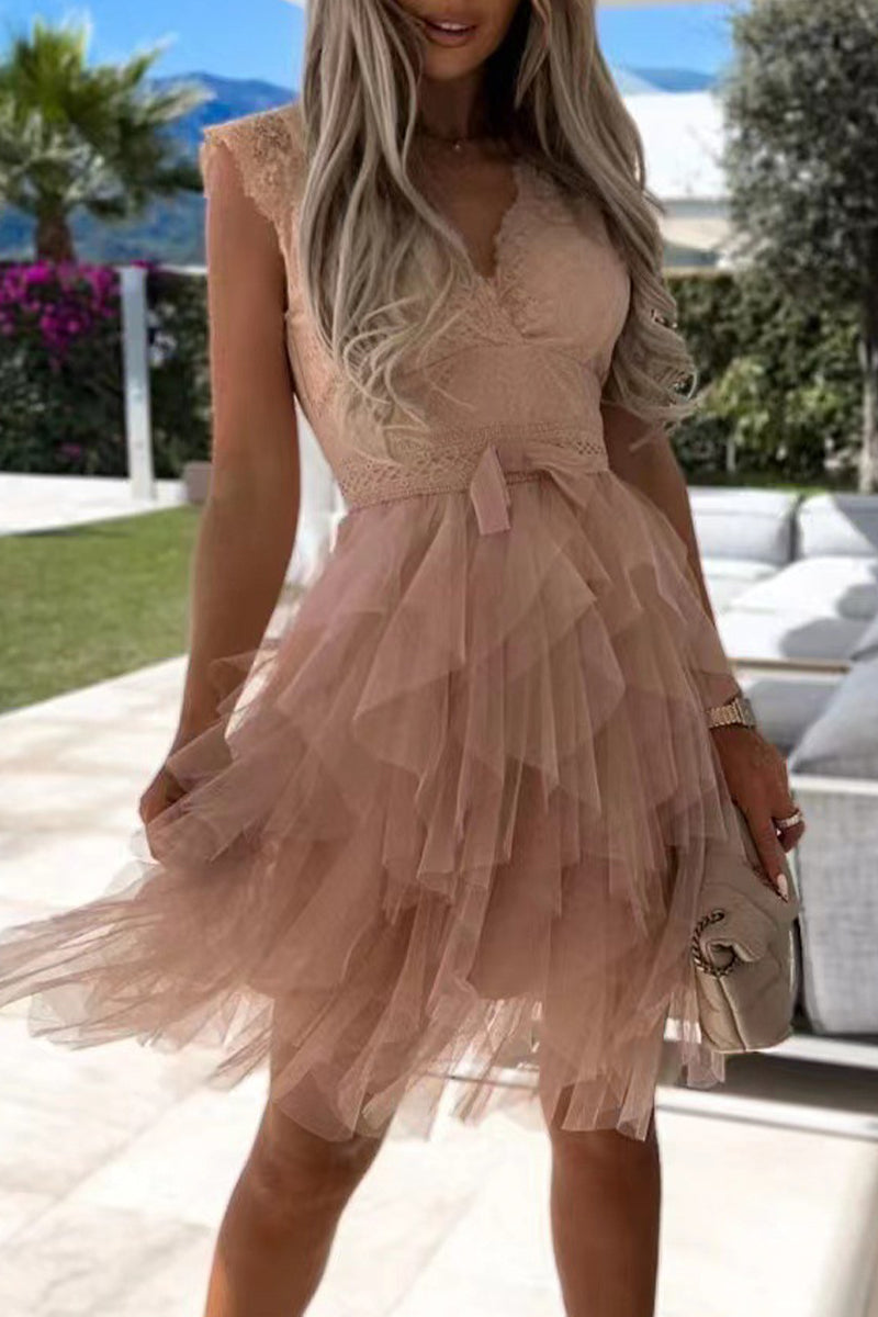 AS | Sladké elegantní pevné síťoviny V-Neck nepravidelné šaty šaty (3 barvy)