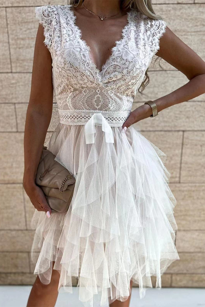AS | Sladké elegantní pevné síťoviny V-Neck nepravidelné šaty šaty (3 barvy)