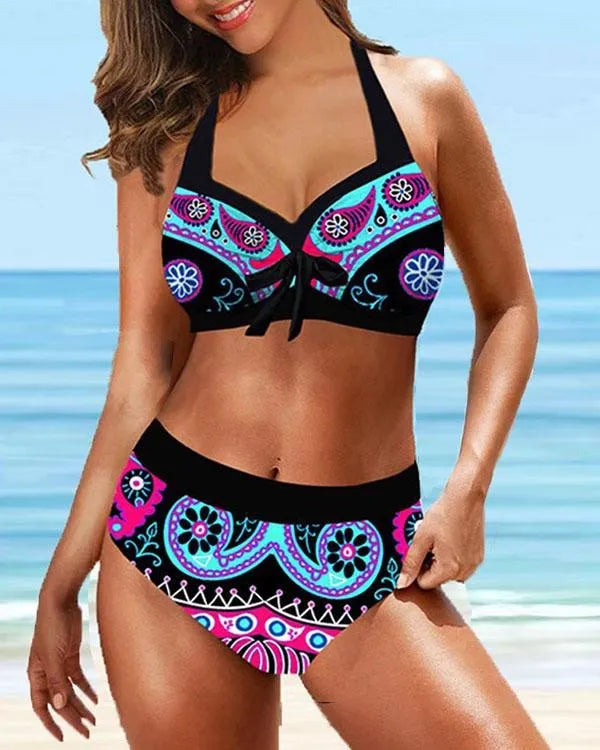AS | Plus velikost Vintage květinový tisk krajky do ohlávka V-Neck sexy bikiny set