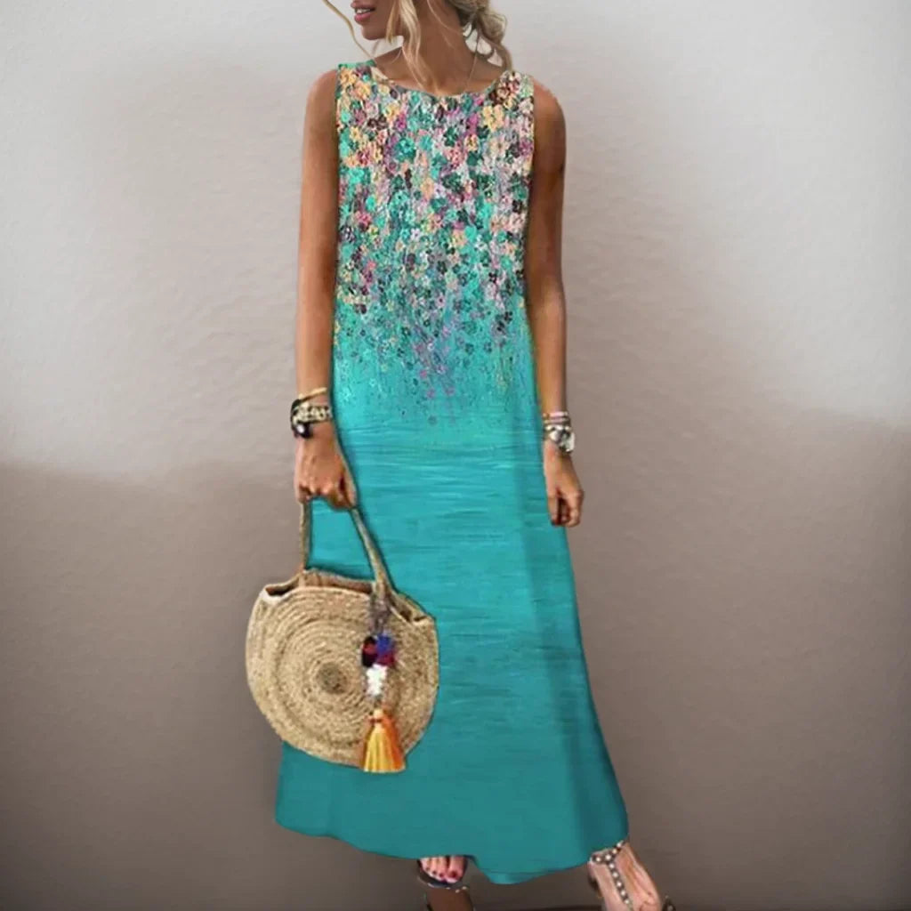 AS | Vintage květinové tištěné ženy bez rukávů Sundress letní volné příležitostné plážové dlouhé šaty Dámy Bohemia Maxi šaty Party Vestidos