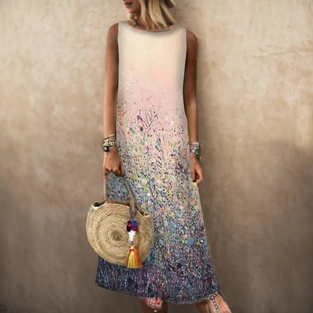 AS | Vintage květinové tištěné ženy bez rukávů Sundress letní volné příležitostné plážové dlouhé šaty Dámy Bohemia Maxi šaty Party Vestidos