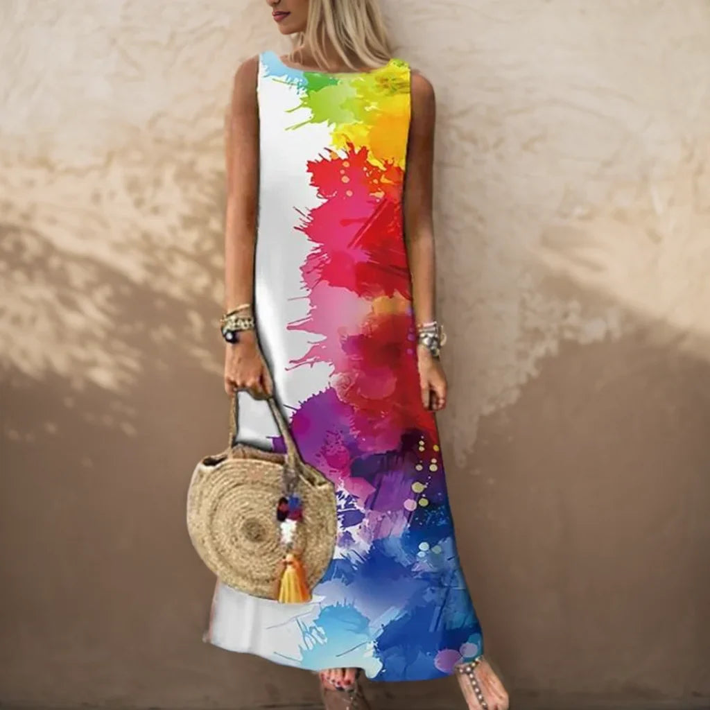 AS | Vintage květinové tištěné ženy bez rukávů Sundress letní volné příležitostné plážové dlouhé šaty Dámy Bohemia Maxi šaty Party Vestidos