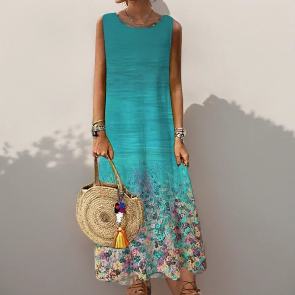 AS | Vintage květinové tištěné ženy bez rukávů Sundress letní volné příležitostné plážové dlouhé šaty Dámy Bohemia Maxi šaty Party Vestidos