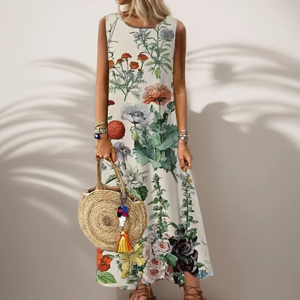 AS | Vintage květinové tištěné ženy bez rukávů Sundress letní volné příležitostné plážové dlouhé šaty Dámy Bohemia Maxi šaty Party Vestidos