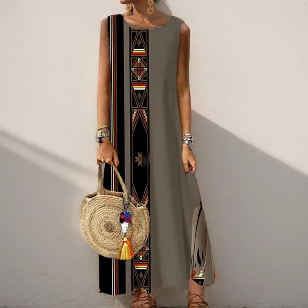 AS | Vintage květinové tištěné ženy bez rukávů Sundress letní volné příležitostné plážové dlouhé šaty Dámy Bohemia Maxi šaty Party Vestidos