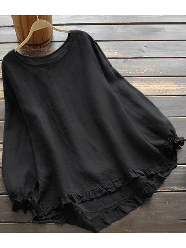 AB | O-Neck Solid dlouhý rukáv volán plátěné topy