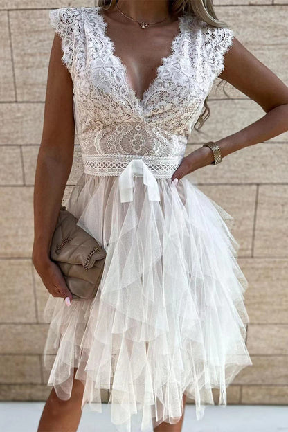 AS | Sladké elegantní pevné síťoviny V-Neck nepravidelné šaty šaty (3 barvy)