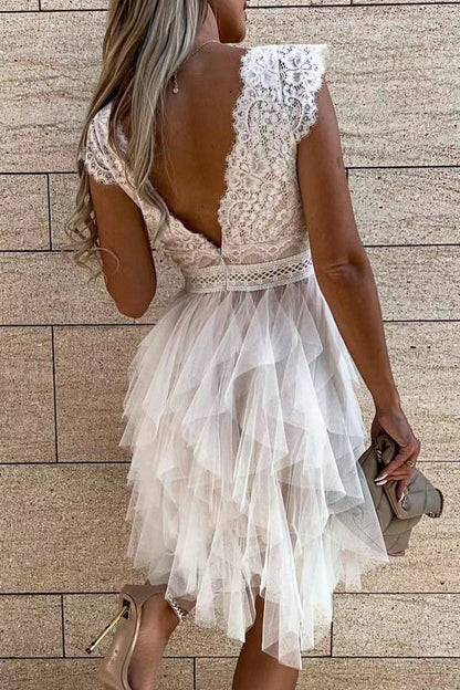 AS | Sladké elegantní pevné síťoviny V-Neck nepravidelné šaty šaty (3 barvy)