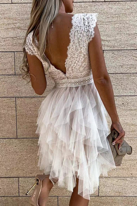 AS | Sladké elegantní pevné síťoviny V-Neck nepravidelné šaty šaty (3 barvy)