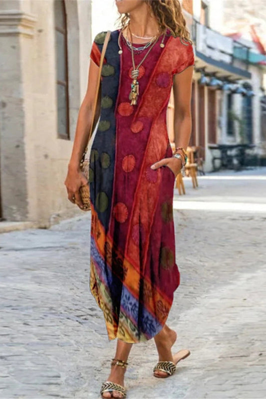 AS | Casual Street Print Patchwork O krku Šaty s krátkým rukávem Šaty (10 barev)