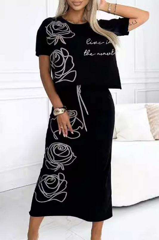 AS | Casual Street Letter Print Floral Pocket Lace Up O Neck Short Sleeve Two Pieces (3 Colours)