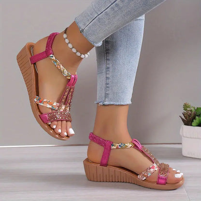 AS | Boho glam sandály na klínku s kamínky