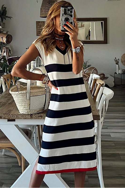 AS | Stripes Elegantní midi šaty s výstřihem do V a dlouhými rukávy