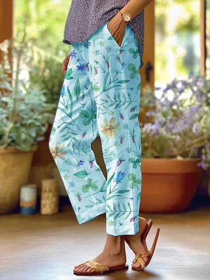 AB | Dámské květinový design volné kapsy Patchwork ležérní kalhoty