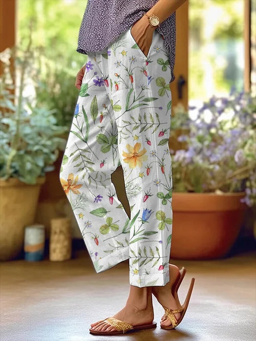 AB | Dámské květinový design volné kapsy Patchwork ležérní kalhoty