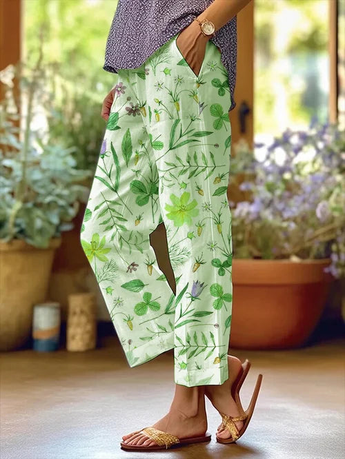 AB | Dámské květinový design volné kapsy Patchwork ležérní kalhoty