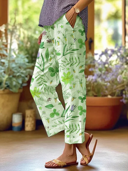AB | Dámské květinový design volné kapsy Patchwork ležérní kalhoty