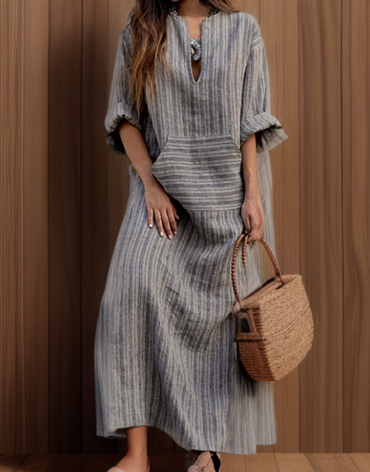 AS | Hailey┃Vintage maxi šaty s pruhovaným výstřihem