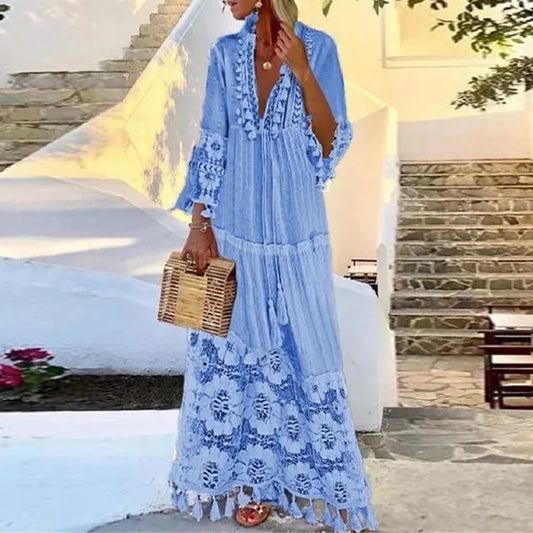 AB | Dlouhé boho šaty s krajkou a bambulkami