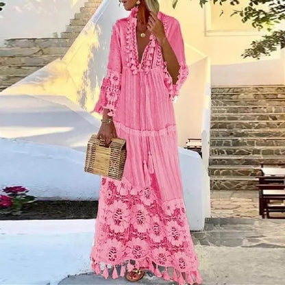 AB | Dlouhé boho šaty s krajkou a bambulkami