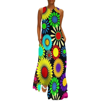 AS | Květinová síla Dámské šaty Letní retro květinový tisk Street Wear Bohemia Dlouhé šaty Dámské bez rukávů Sexy Maxi šaty Velká velikost 3XL