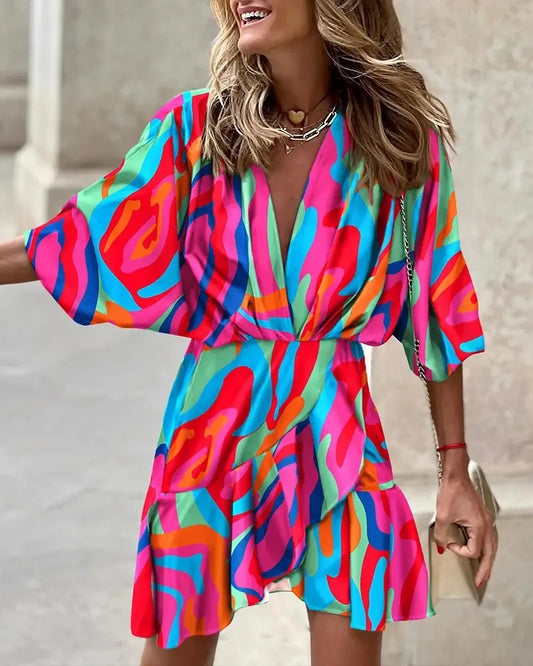 AS | Ženy tisk šaty sexy V-Neck Batwing rukávy Ruffl květinový tisk bohémské plážové šaty Dámy volné letní dovolená Mini šaty