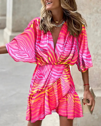 AS | Ženy tisk šaty sexy V-Neck Batwing rukávy Ruffl květinový tisk bohémské plážové šaty Dámy volné letní dovolená Mini šaty