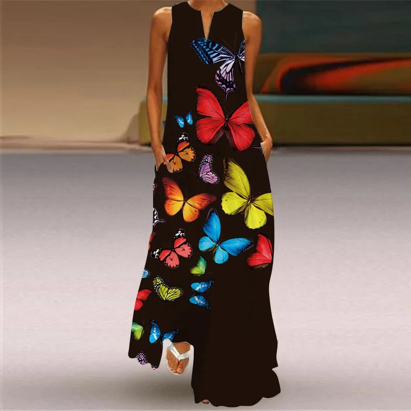 AS | Letní sexy Maxi šaty ženy bez rukávů V-Neck Robe Party 2025 Retro Loose Beach Vestidos Y2k S-5XL