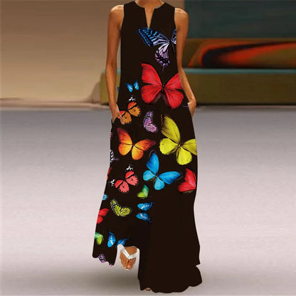 AS | Letní sexy Maxi šaty ženy bez rukávů V-Neck Robe Party 2025 Retro Loose Beach Vestidos Y2k S-5XL