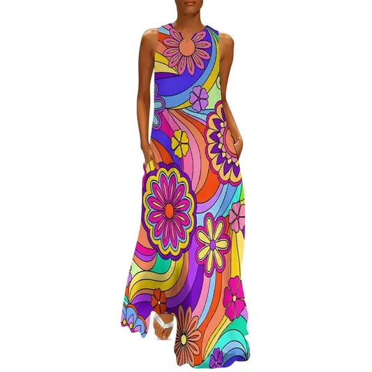 AS | Květinová síla Dámské šaty Letní retro květinový tisk Street Wear Bohemia Dlouhé šaty Dámské bez rukávů Sexy Maxi šaty Velká velikost 3XL