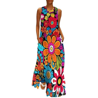 AS | Květinová síla Dámské šaty Letní retro květinový tisk Street Wear Bohemia Dlouhé šaty Dámské bez rukávů Sexy Maxi šaty Velká velikost 3XL