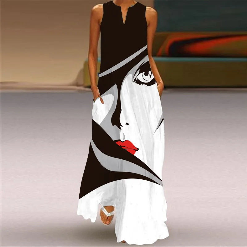 AS | Letní sexy Maxi šaty ženy bez rukávů V-Neck Robe Party 2025 Retro Loose Beach Vestidos Y2k S-5XL
