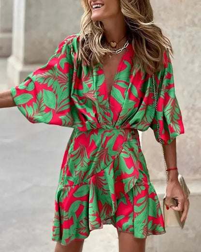 AS | Ženy tisk šaty sexy V-Neck Batwing rukávy Ruffl květinový tisk bohémské plážové šaty Dámy volné letní dovolená Mini šaty