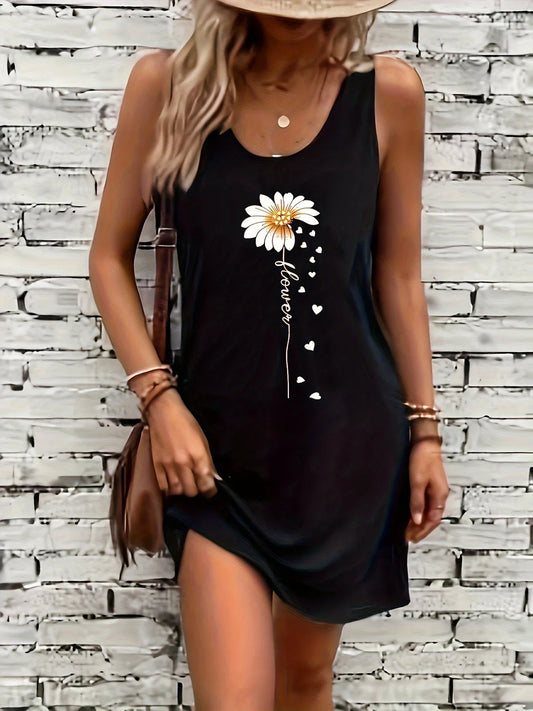 AS | Letní černé sexy šaty Dámské slunečnice tisk příležitostné Slim Fit bez rukávů kolem krku tričko Mini šaty