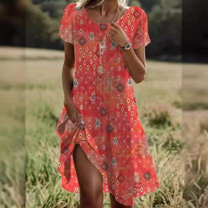 AS | Letní bohémské šaty pro ženy V-Neck krátký rukáv květina vytištěné Beach Holiday šaty ženy Maxi šaty Boho