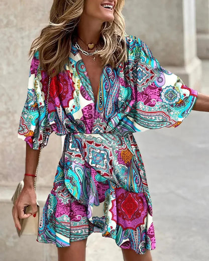 AS | Ženy tisk šaty sexy V-Neck Batwing rukávy Ruffl květinový tisk bohémské plážové šaty Dámy volné letní dovolená Mini šaty