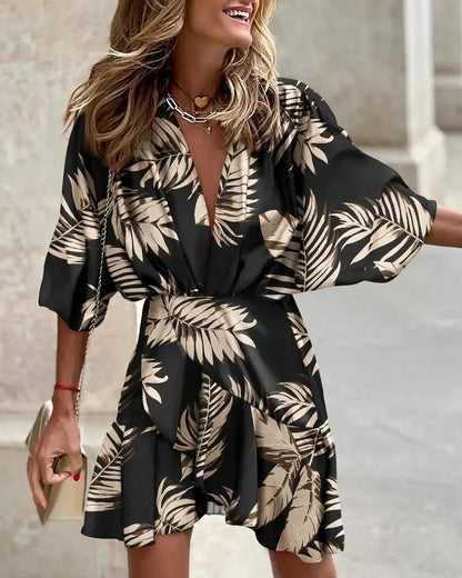 AS | Ženy tisk šaty sexy V-Neck Batwing rukávy Ruffl květinový tisk bohémské plážové šaty Dámy volné letní dovolená Mini šaty