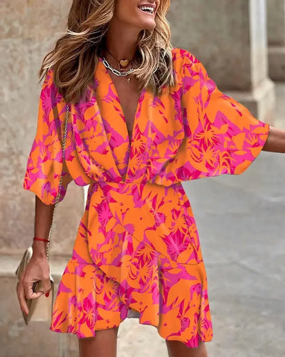 AS | Ženy tisk šaty sexy V-Neck Batwing rukávy Ruffl květinový tisk bohémské plážové šaty Dámy volné letní dovolená Mini šaty