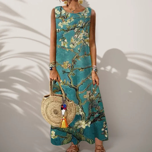 AS | Vintage květinové tištěné ženy bez rukávů Sundress letní volné příležitostné plážové dlouhé šaty Dámy Bohemia Maxi šaty Party Vestidos