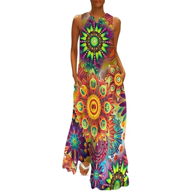AS | Květinová síla Dámské šaty Letní retro květinový tisk Street Wear Bohemia Dlouhé šaty Dámské bez rukávů Sexy Maxi šaty Velká velikost 3XL