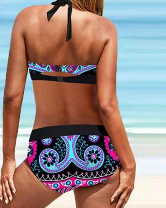 AS | Plus velikost Vintage květinový tisk krajky do ohlávka V-Neck sexy bikiny set
