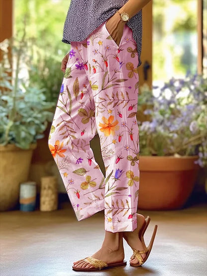 AB | Dámské květinový design volné kapsy Patchwork ležérní kalhoty