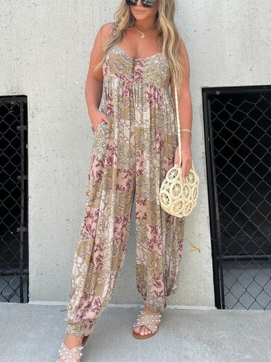 AS | Plus Size Patchwork Print Loose Jumpsuit (volný overal)