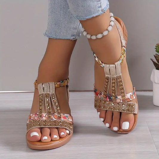 AS | Boho glam sandály na klínku s kamínky